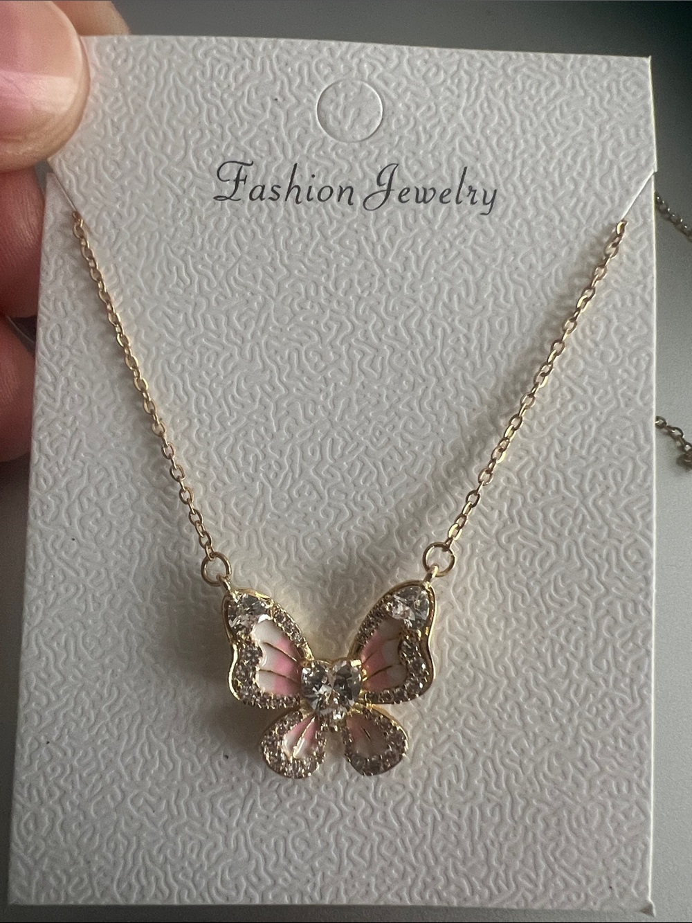 Fashion Jewelry Gold Butterfly Necklace with Pink Enamel & Crystal Accents
